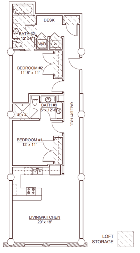 Floor plan for 2 beds, 2 baths, 1103 sqft
